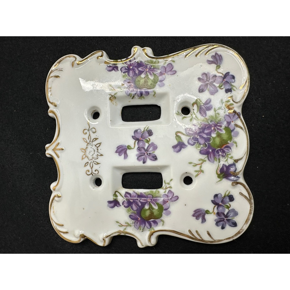 Vintage Porcelain Double Light Switch Cover Purple Violets Gold Gilt Scalloped